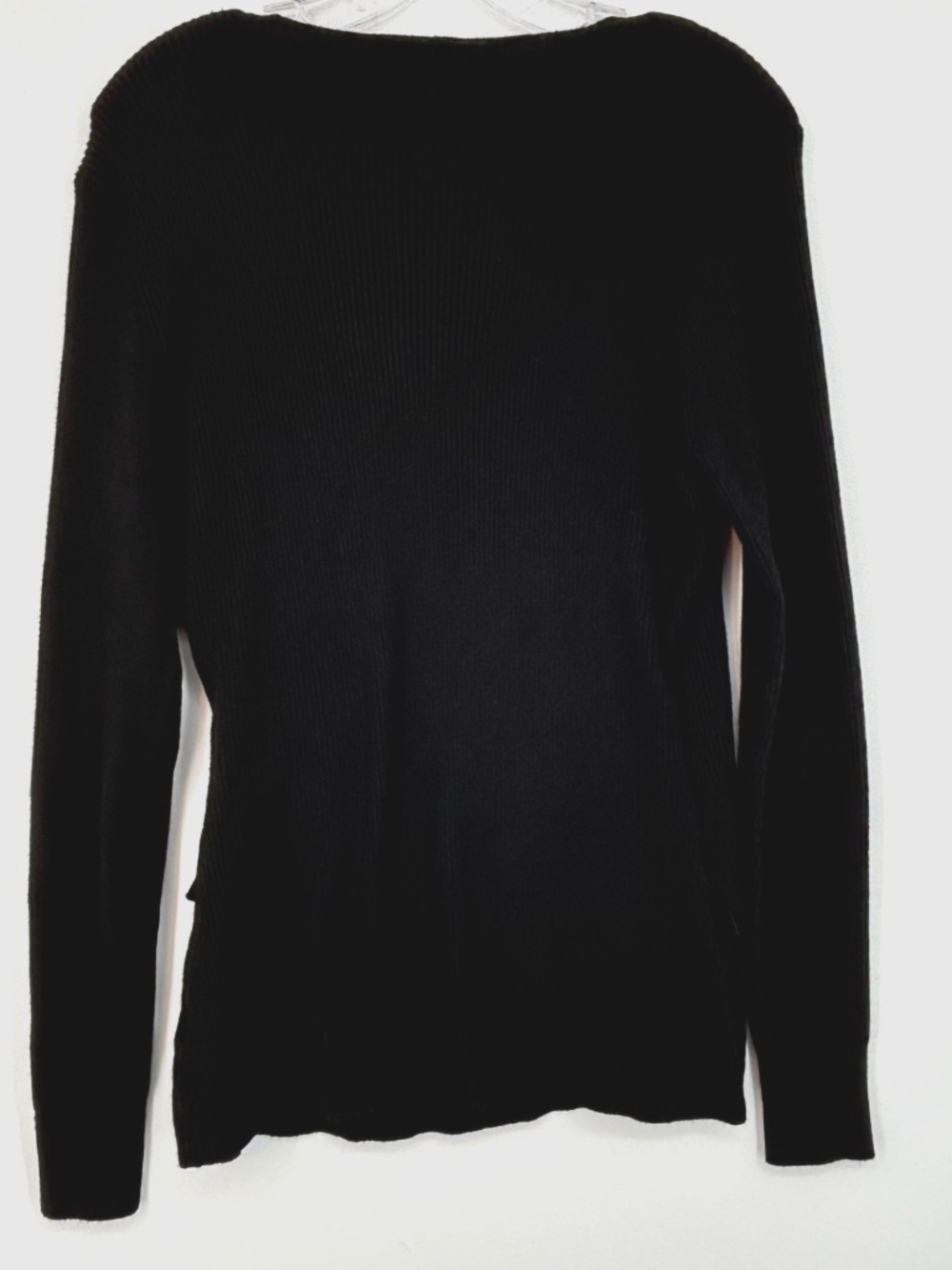 BEBE Womens XL Asymmetric Ribbed Knit Sweater Black Side LOGO Surplice Faux Wrap - Picture 6 of 8